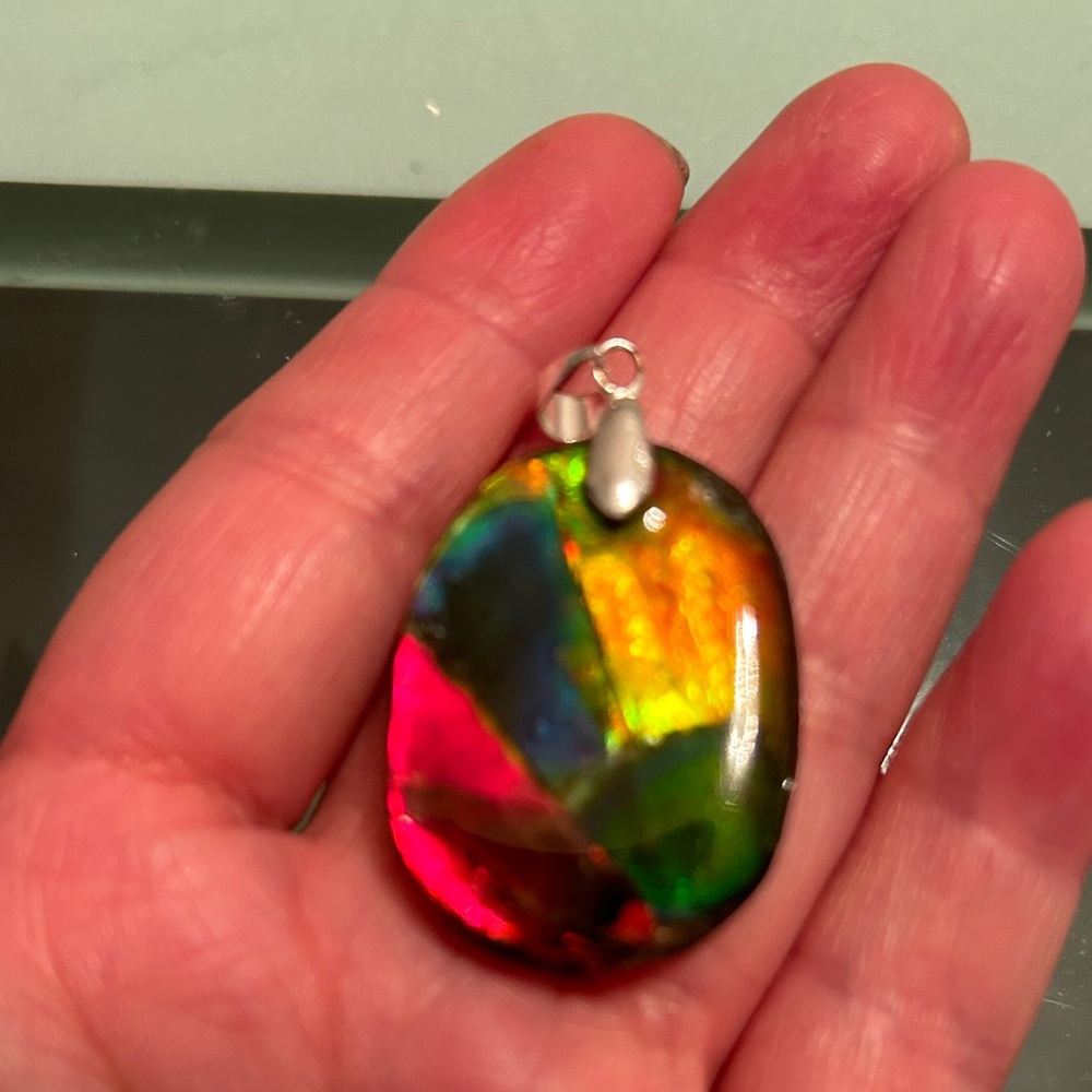 Mosaic ammolite with orange, green and blue